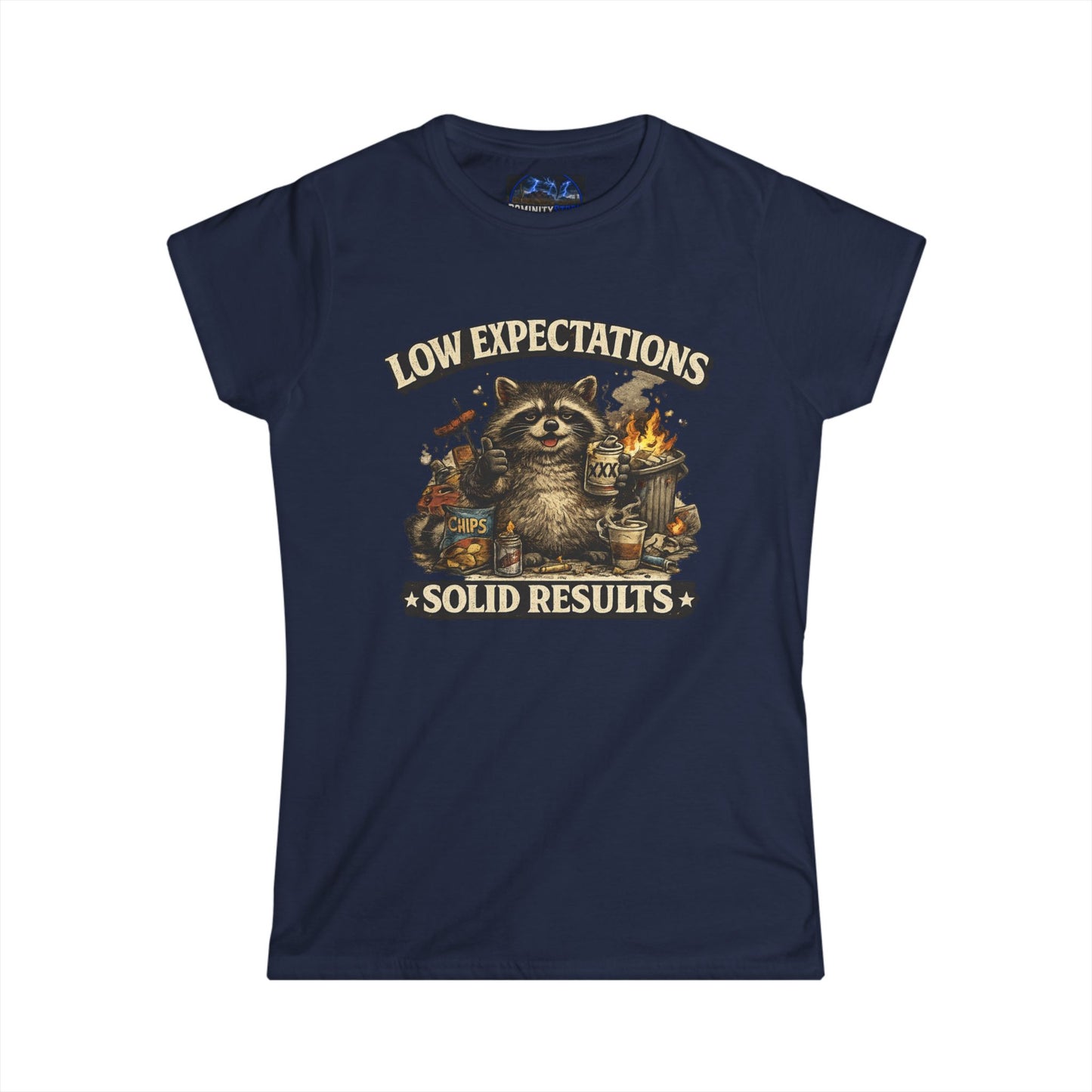 Graphic Low Expectations Solid Results Tee — Funny Raccoon Women's T-Shirt