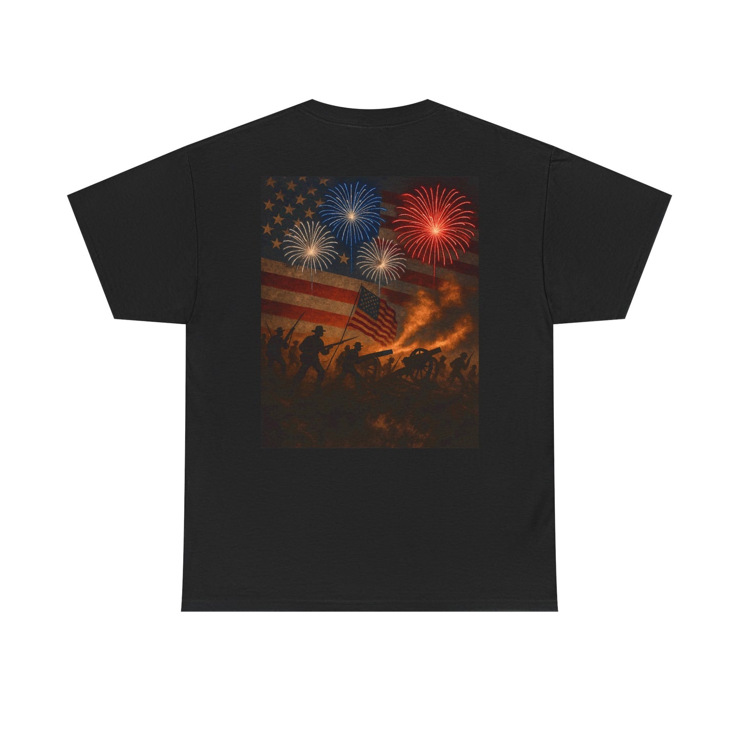 Patriotic Fireworks Flag Tee — American Soldiers Silhouette 4th of July T-Shirt