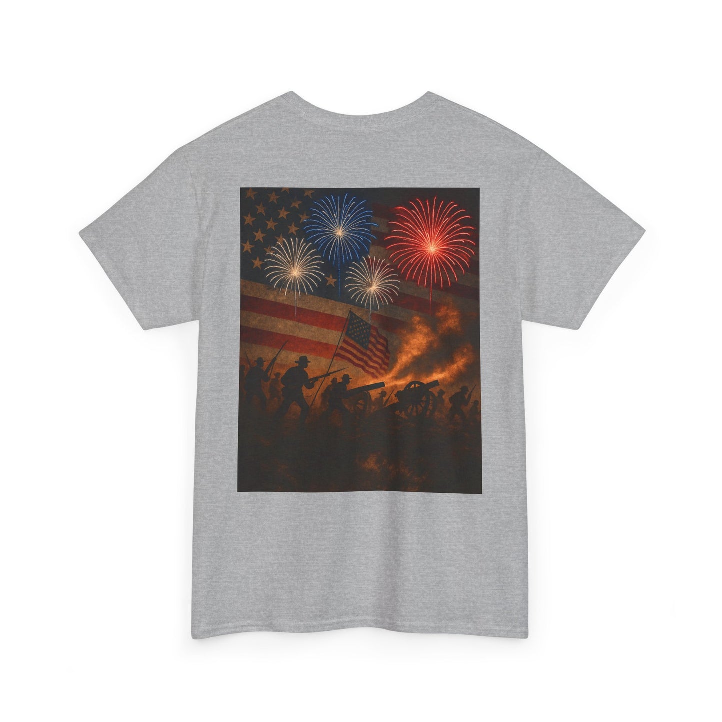 Patriotic Fireworks Flag Tee — American Soldiers Silhouette 4th of July T-Shirt