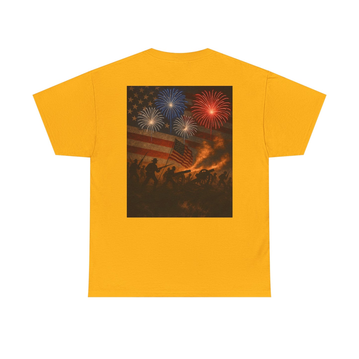 Patriotic Fireworks Flag Tee — American Soldiers Silhouette 4th of July T-Shirt