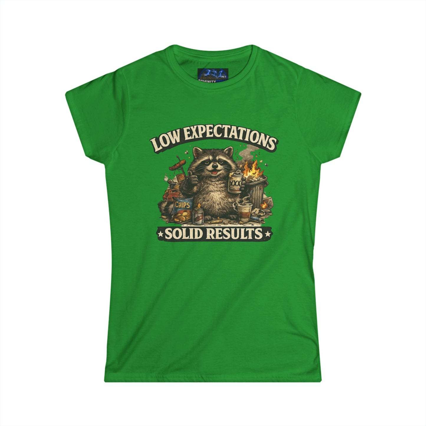Graphic Low Expectations Solid Results Tee — Funny Raccoon Women's T-Shirt