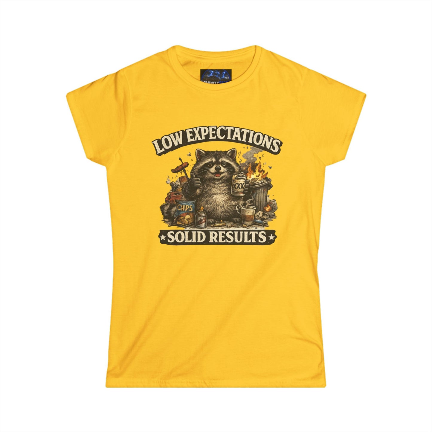 Graphic Low Expectations Solid Results Tee — Funny Raccoon Women's T-Shirt