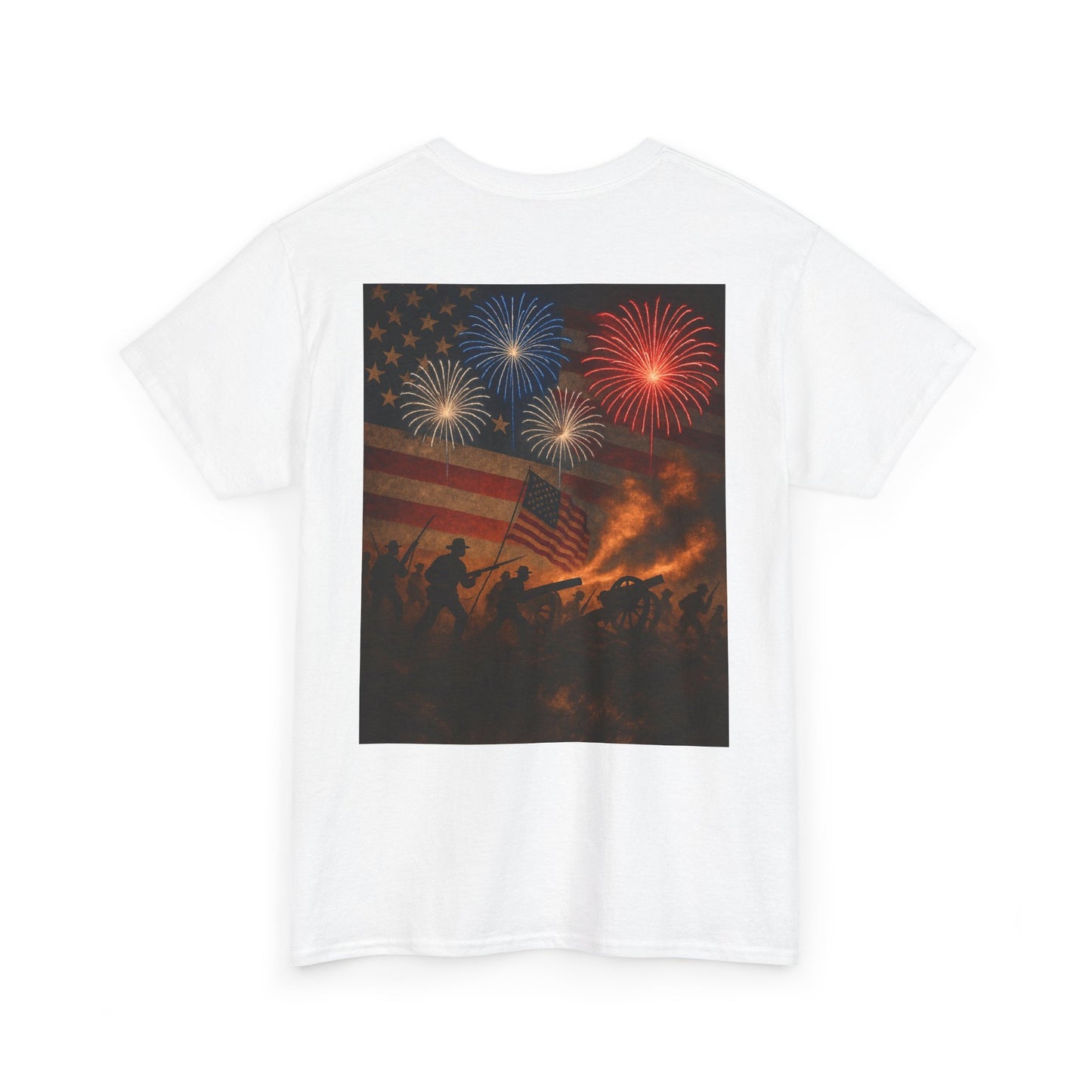 Patriotic Fireworks Flag Tee — American Soldiers Silhouette 4th of July T-Shirt