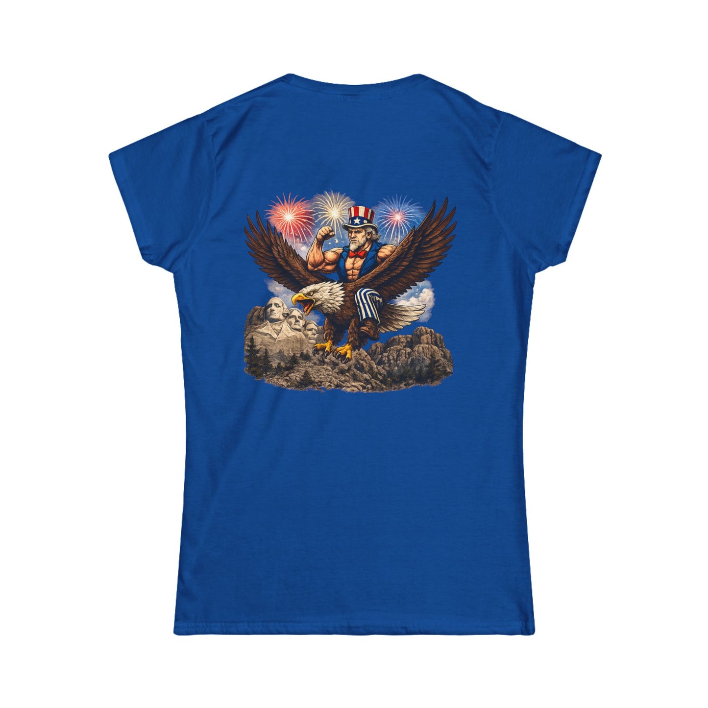Graphic Women's Tee — Patriotic Uncle Sam Riding Bald Eagle with Fireworks