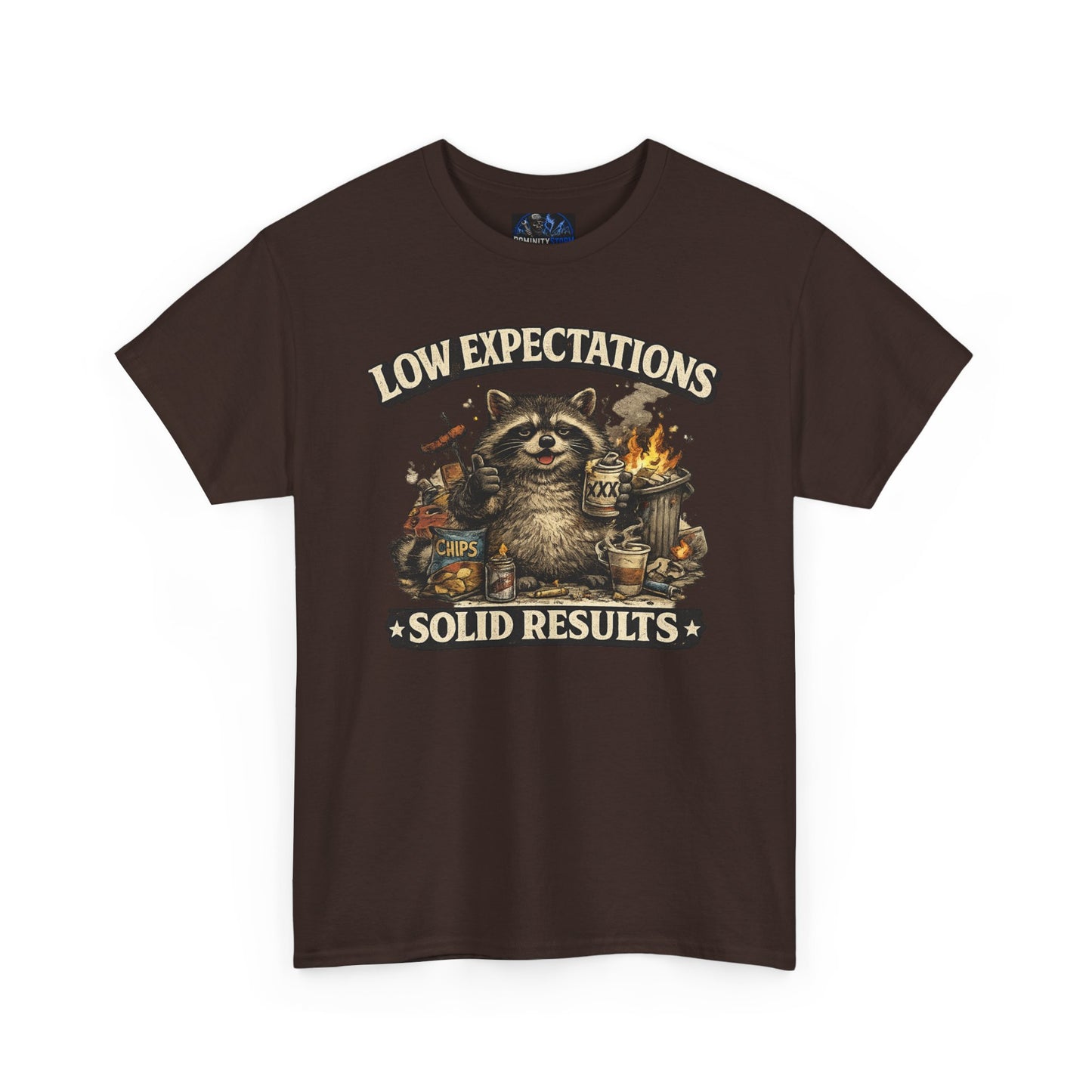 Low Expectations Solid Results T‑Shirt — Funny Raccoon Apocalypse Graphic Tee