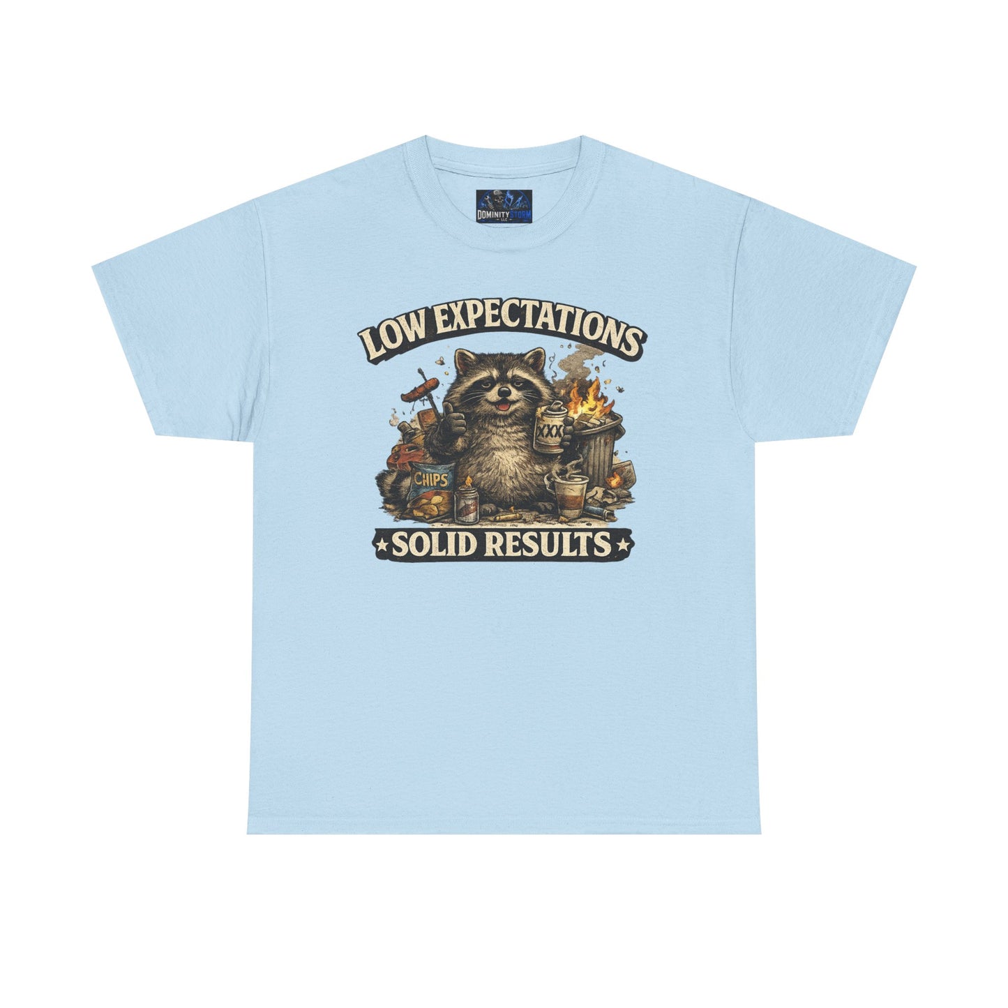 Low Expectations Solid Results T‑Shirt — Funny Raccoon Apocalypse Graphic Tee