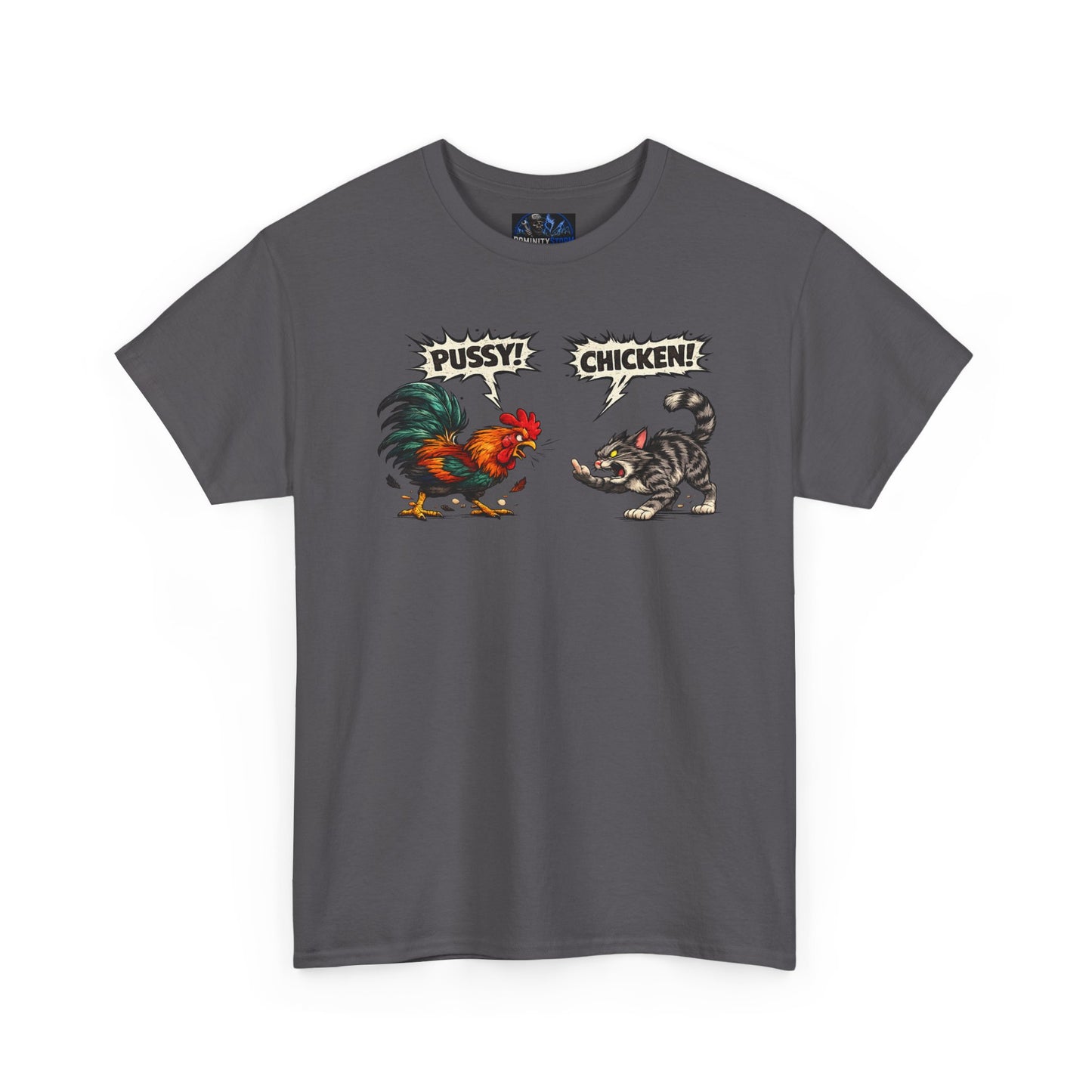 Rooster vs Cat Graphic Tee – "Pussy? Chicken?" Vintage Fight Cartoon T-Shirt