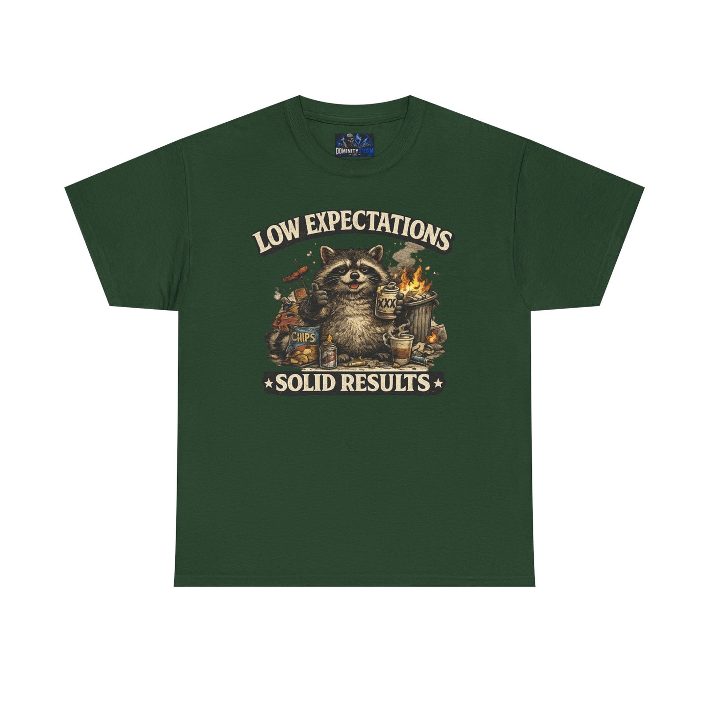 Low Expectations Solid Results T‑Shirt — Funny Raccoon Apocalypse Graphic Tee