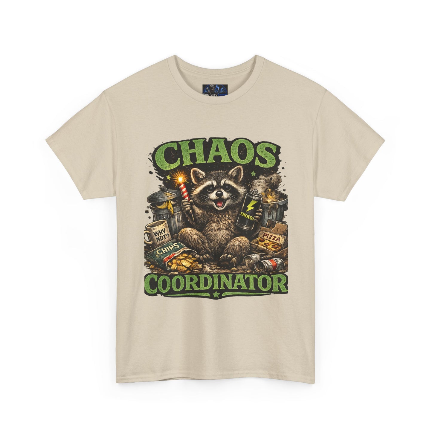 Chaos Coordinator T-Shirt — Funny Raccoon Graphic Tee for Gamers & Catastrophe Lovers