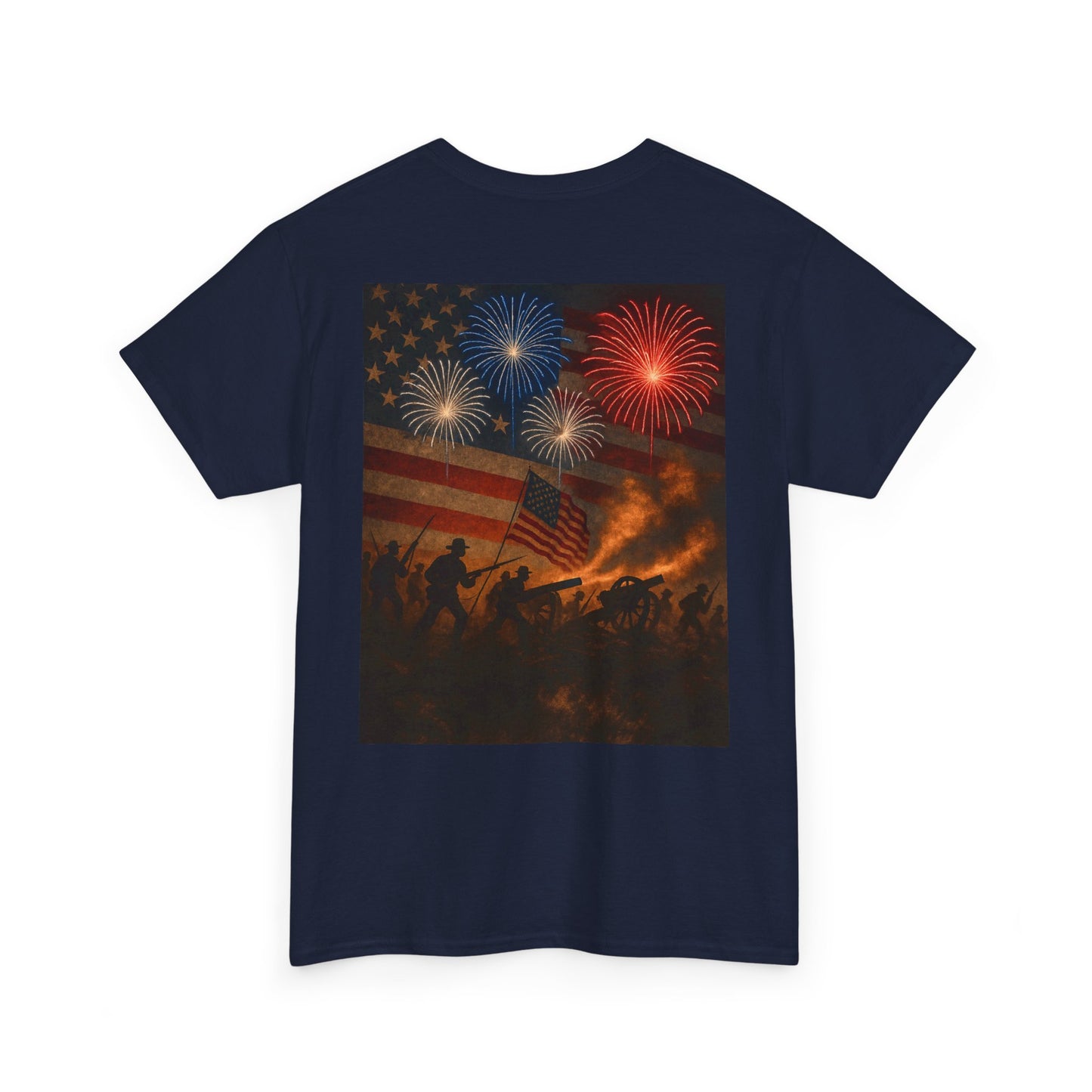 Patriotic Fireworks Flag Tee — American Soldiers Silhouette 4th of July T-Shirt