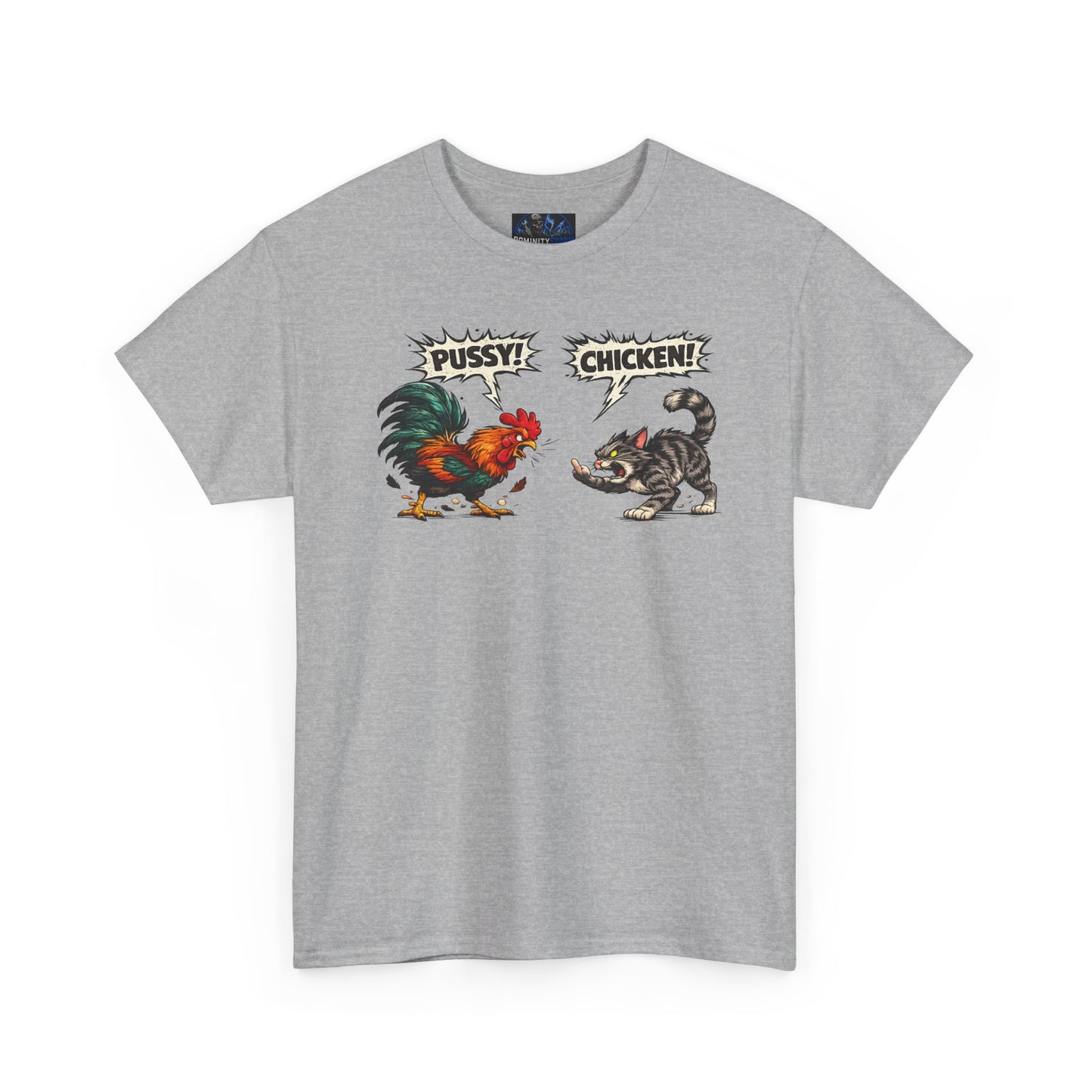 Rooster vs Cat Graphic Tee – "Pussy? Chicken?" Vintage Fight Cartoon T-Shirt