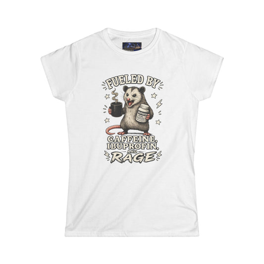 Graphic Women's Tee — "Fueled by Caffeine, Blood, Protein and Rage" Opossum
