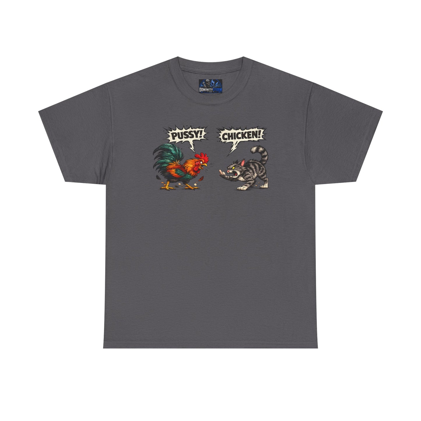 Rooster vs Cat Graphic Tee – "Pussy? Chicken?" Vintage Fight Cartoon T-Shirt