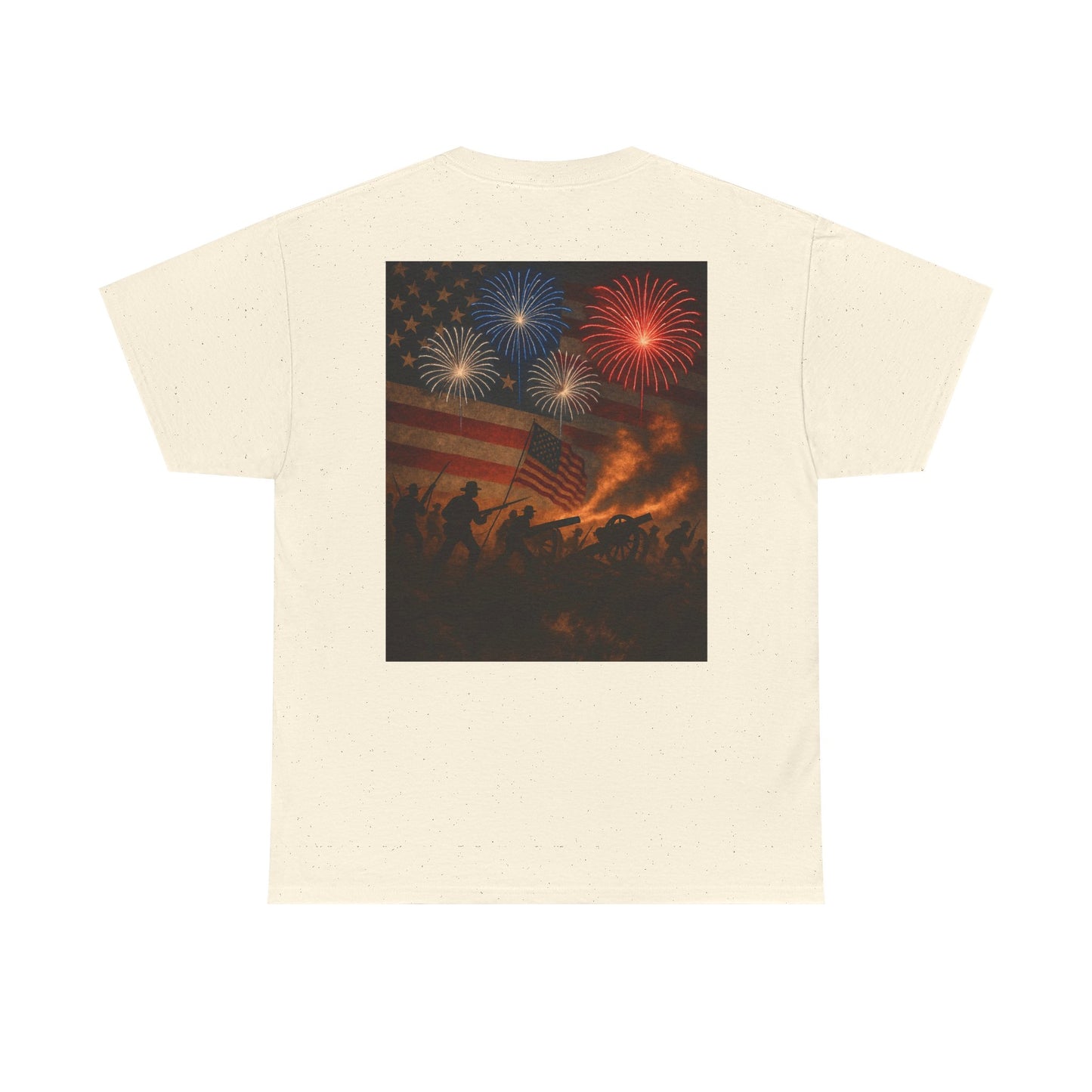 Patriotic Fireworks Flag Tee — American Soldiers Silhouette 4th of July T-Shirt