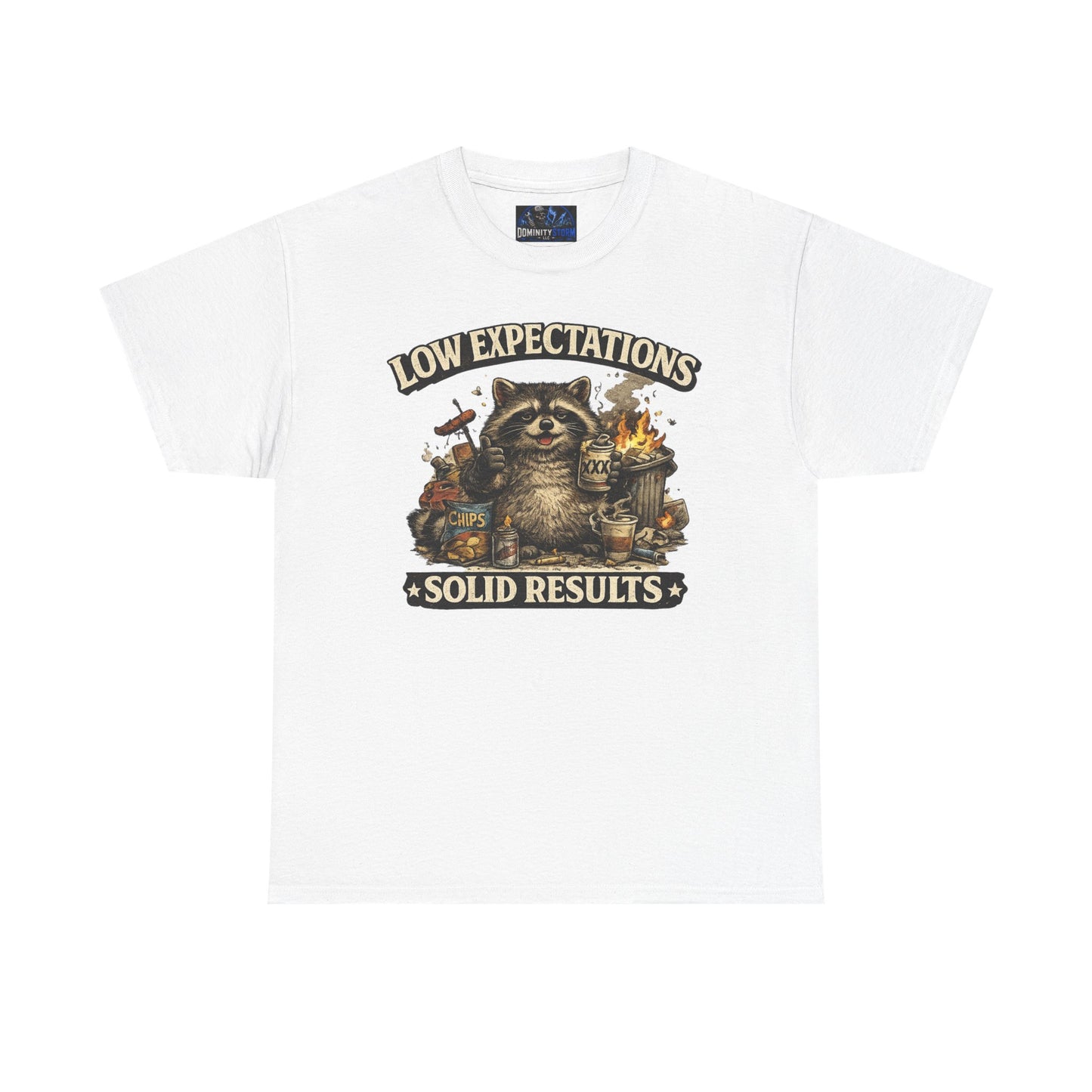 Low Expectations Solid Results T‑Shirt — Funny Raccoon Apocalypse Graphic Tee