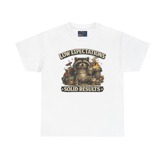 Low Expectations Solid Results T‑Shirt — Funny Raccoon Apocalypse Graphic Tee