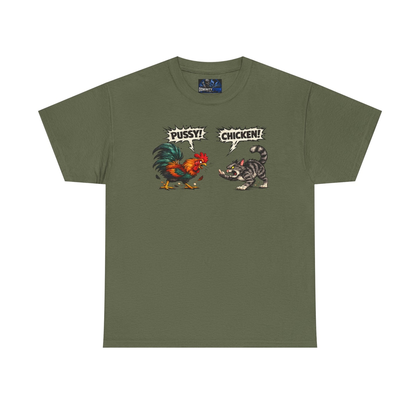 Rooster vs Cat Graphic Tee – "Pussy? Chicken?" Vintage Fight Cartoon T-Shirt