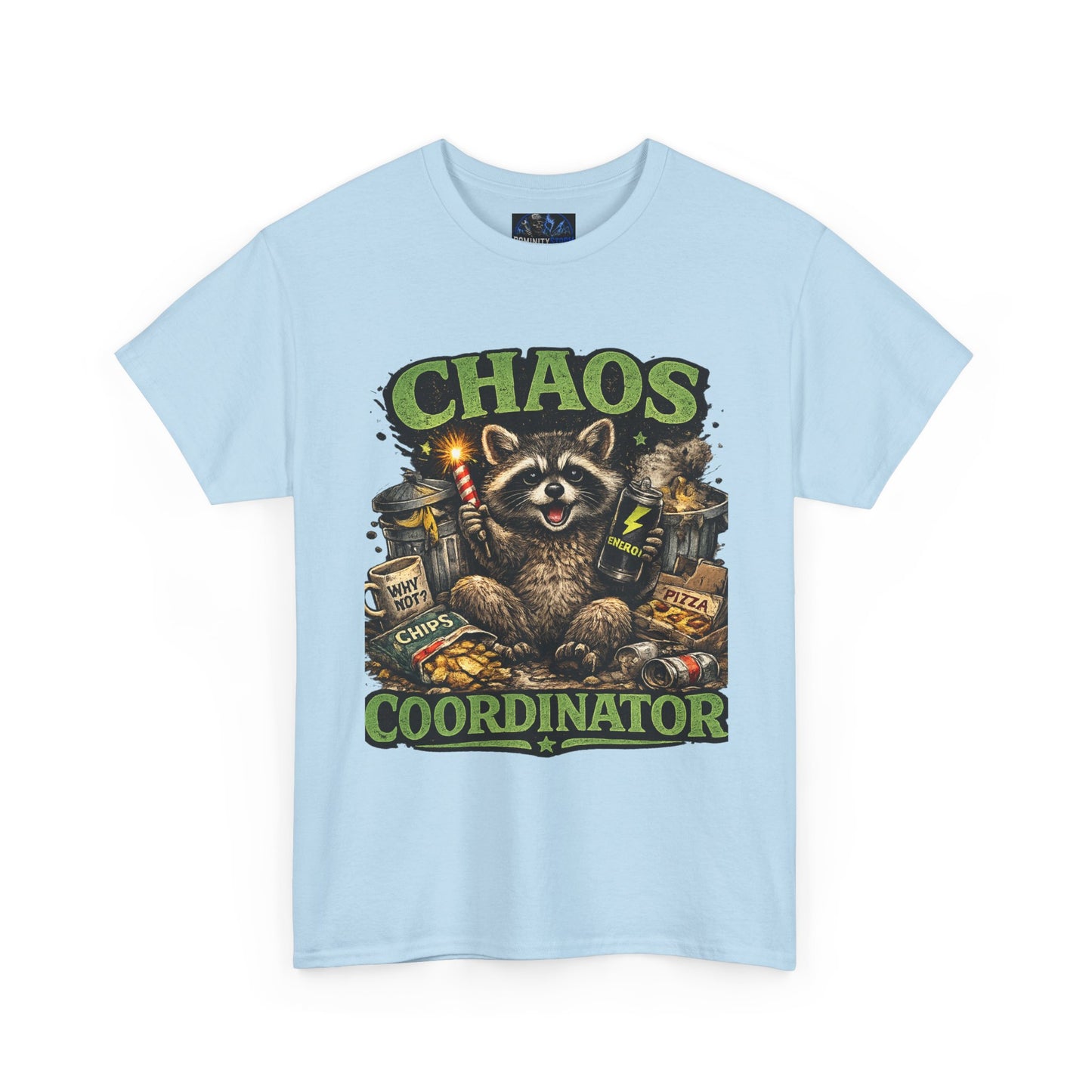 Chaos Coordinator T-Shirt — Funny Raccoon Graphic Tee for Gamers & Catastrophe Lovers