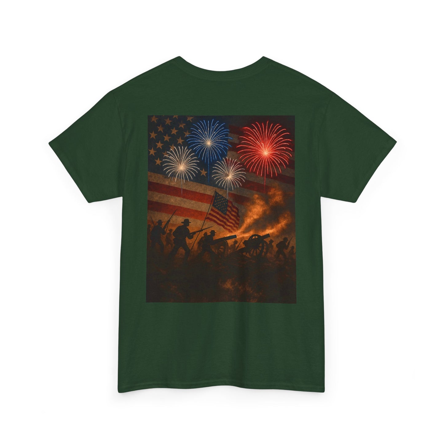 Patriotic Fireworks Flag Tee — American Soldiers Silhouette 4th of July T-Shirt