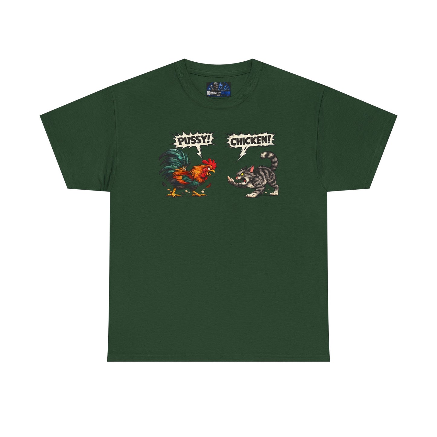 Rooster vs Cat Graphic Tee – "Pussy? Chicken?" Vintage Fight Cartoon T-Shirt