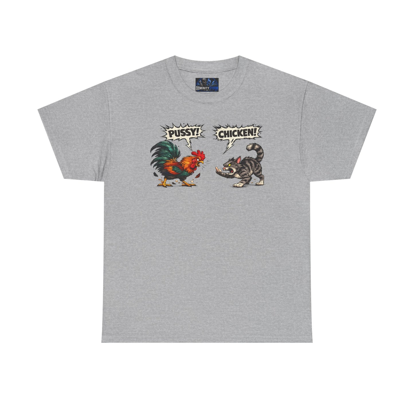 Rooster vs Cat Graphic Tee – "Pussy? Chicken?" Vintage Fight Cartoon T-Shirt