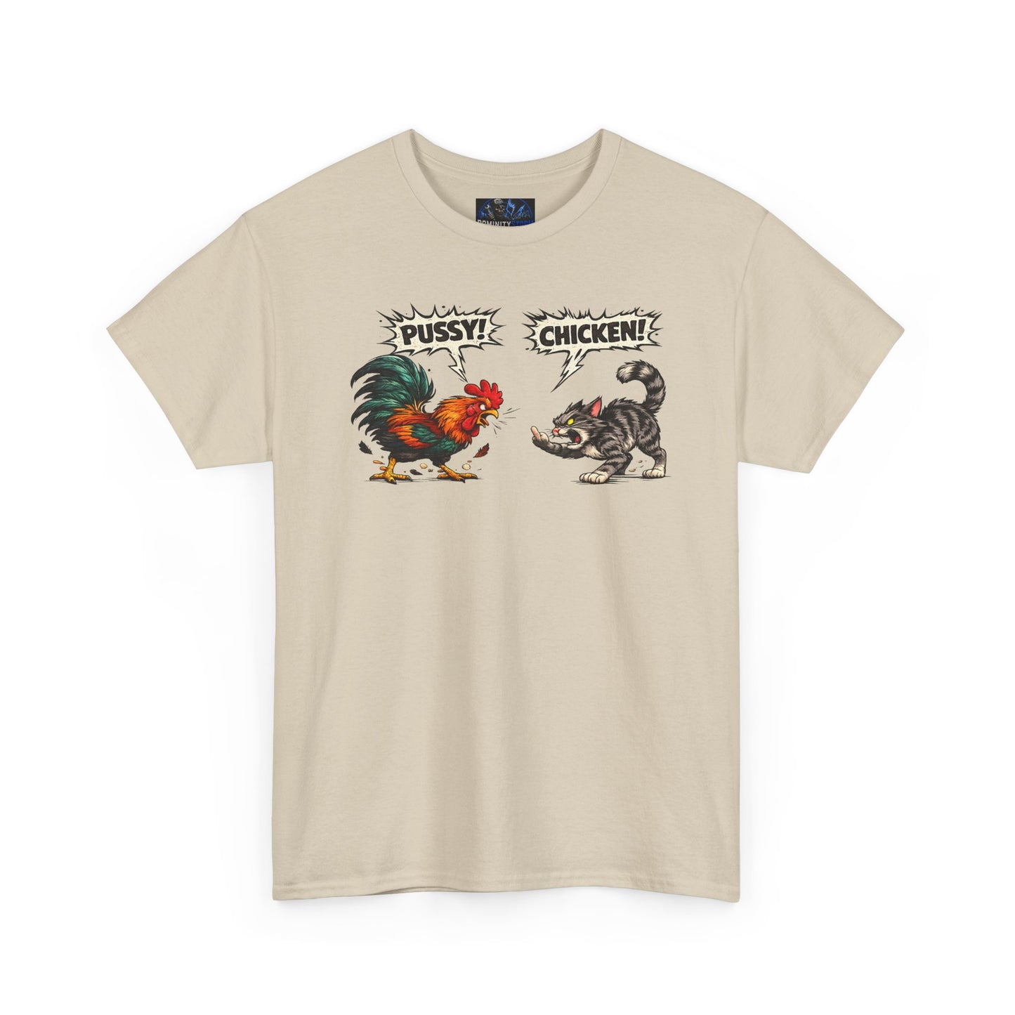 Rooster vs Cat Graphic Tee – "Pussy? Chicken?" Vintage Fight Cartoon T-Shirt