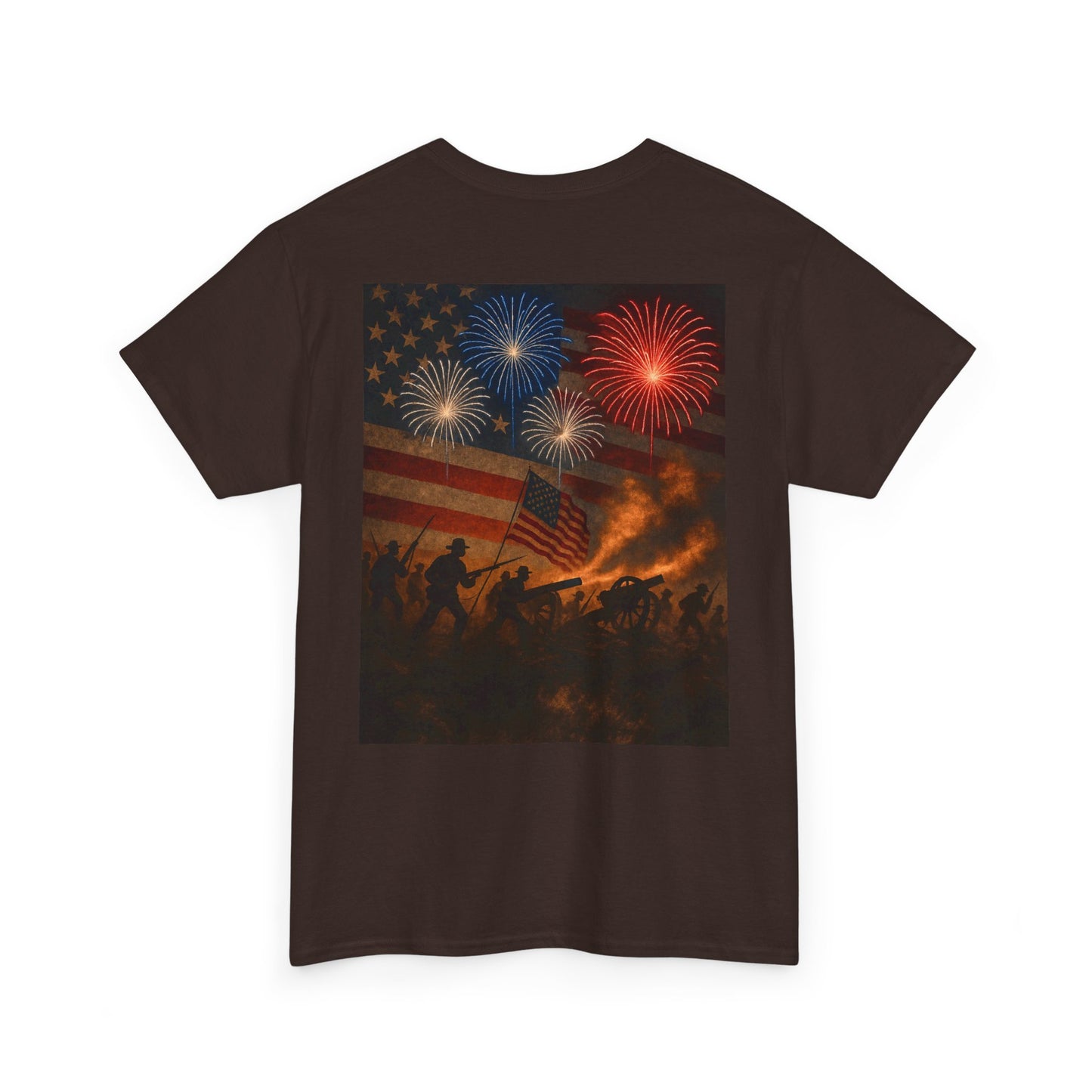 Patriotic Fireworks Flag Tee — American Soldiers Silhouette 4th of July T-Shirt