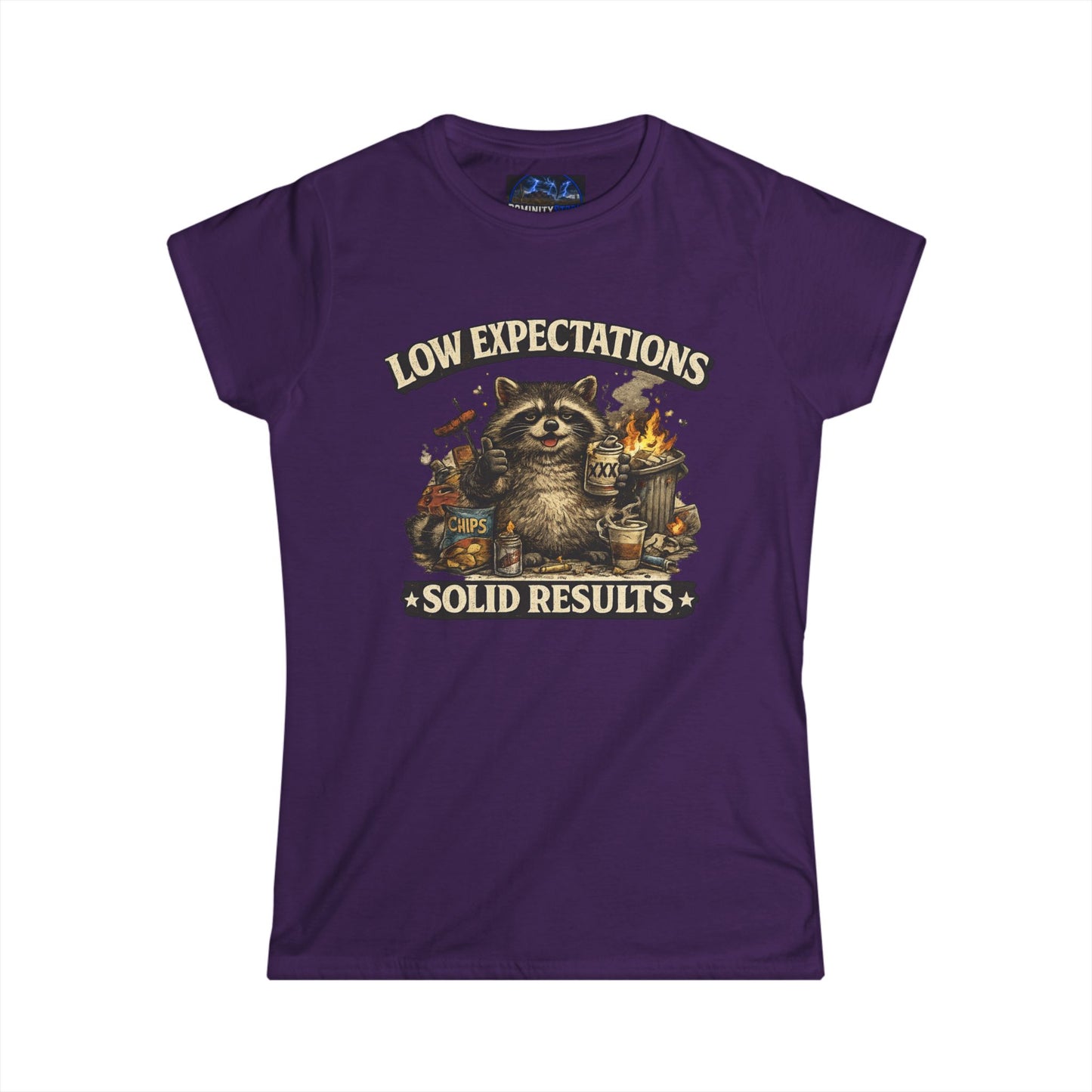 Graphic Low Expectations Solid Results Tee — Funny Raccoon Women's T-Shirt