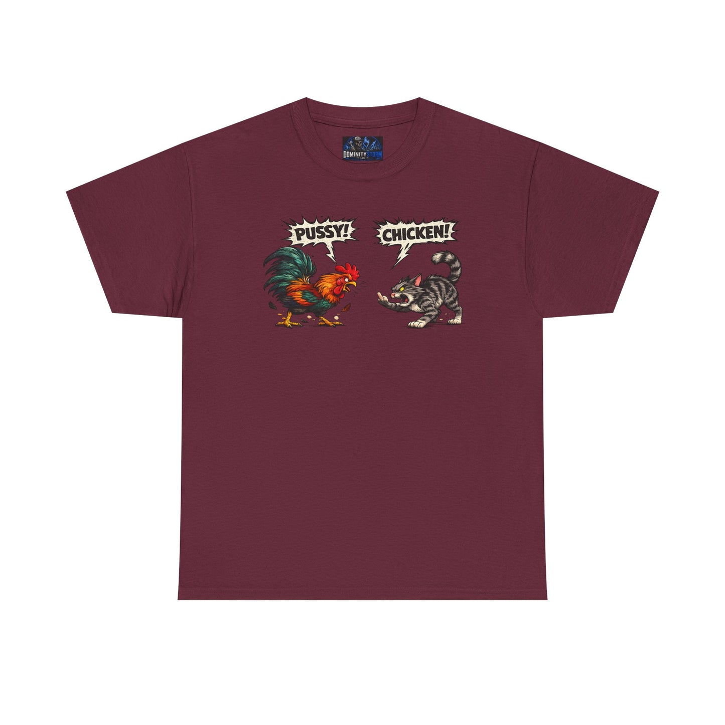 Rooster vs Cat Graphic Tee – "Pussy? Chicken?" Vintage Fight Cartoon T-Shirt