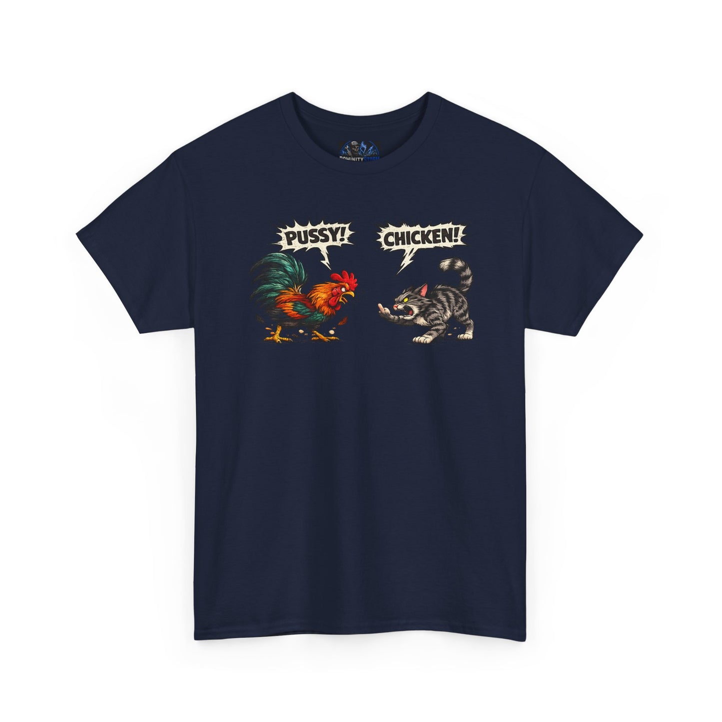 Rooster vs Cat Graphic Tee – "Pussy? Chicken?" Vintage Fight Cartoon T-Shirt