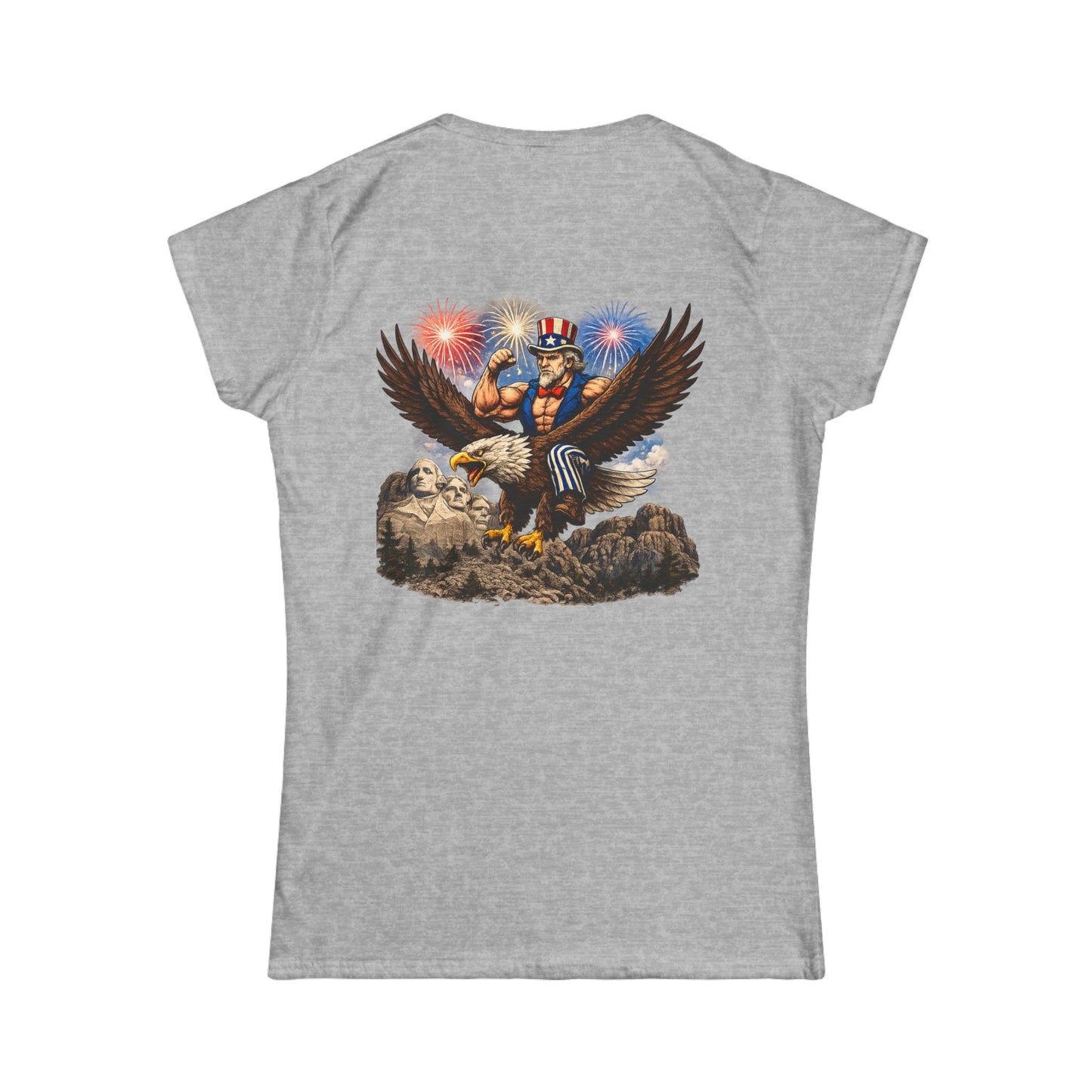 Graphic Women's Tee — Patriotic Uncle Sam Riding Bald Eagle with Fireworks