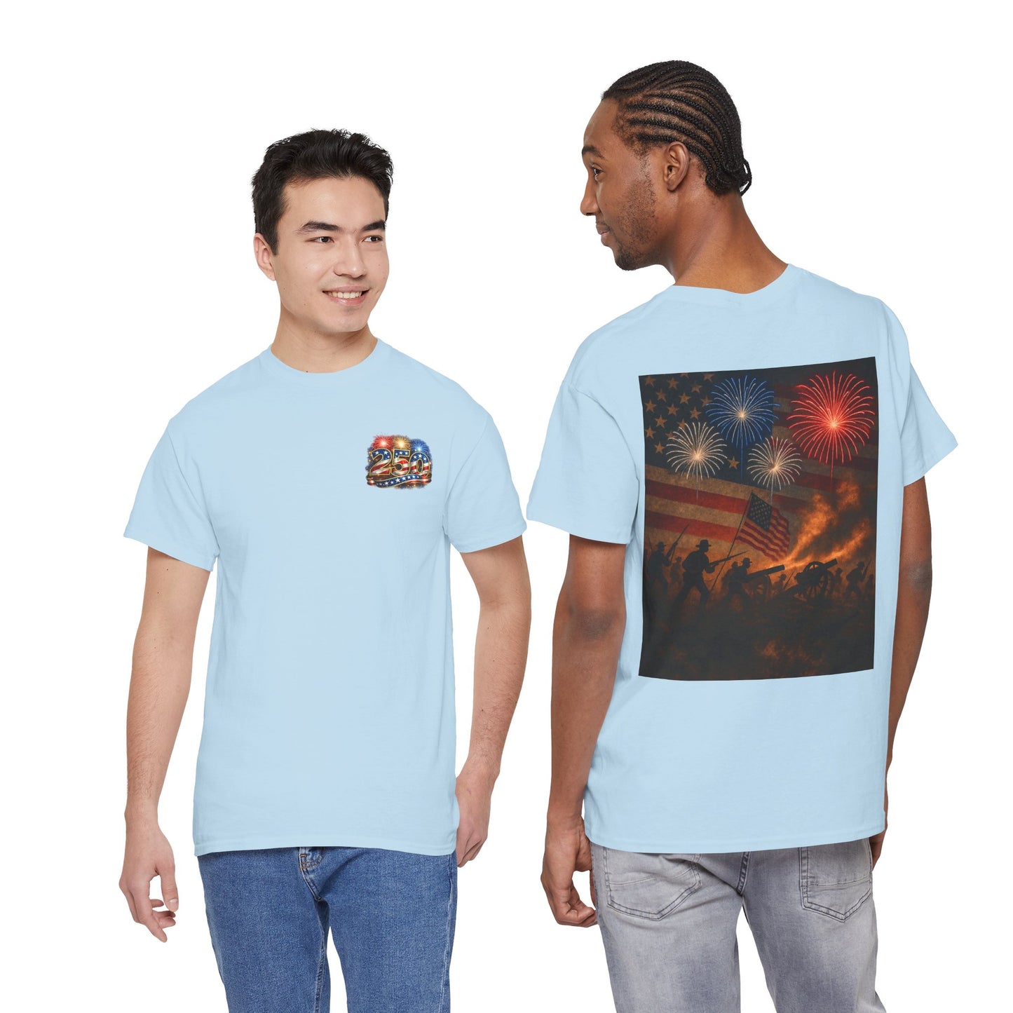 Patriotic Fireworks Flag Tee — American Soldiers Silhouette 4th of July T-Shirt