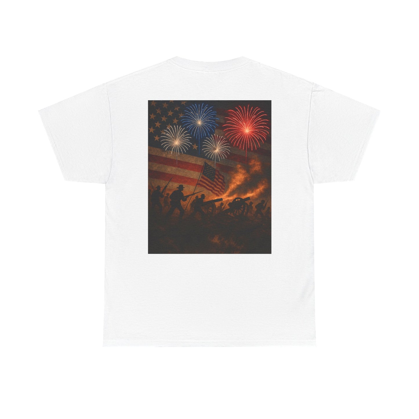 Patriotic Fireworks Flag Tee — American Soldiers Silhouette 4th of July T-Shirt