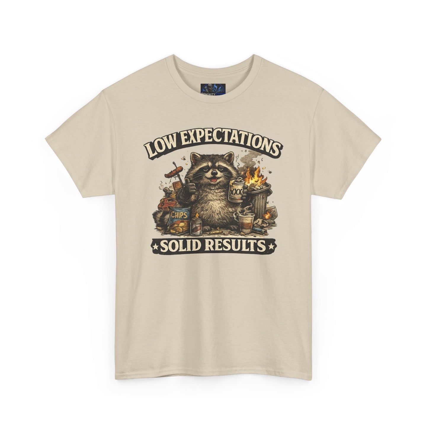 Low Expectations Solid Results T‑Shirt — Funny Raccoon Apocalypse Graphic Tee