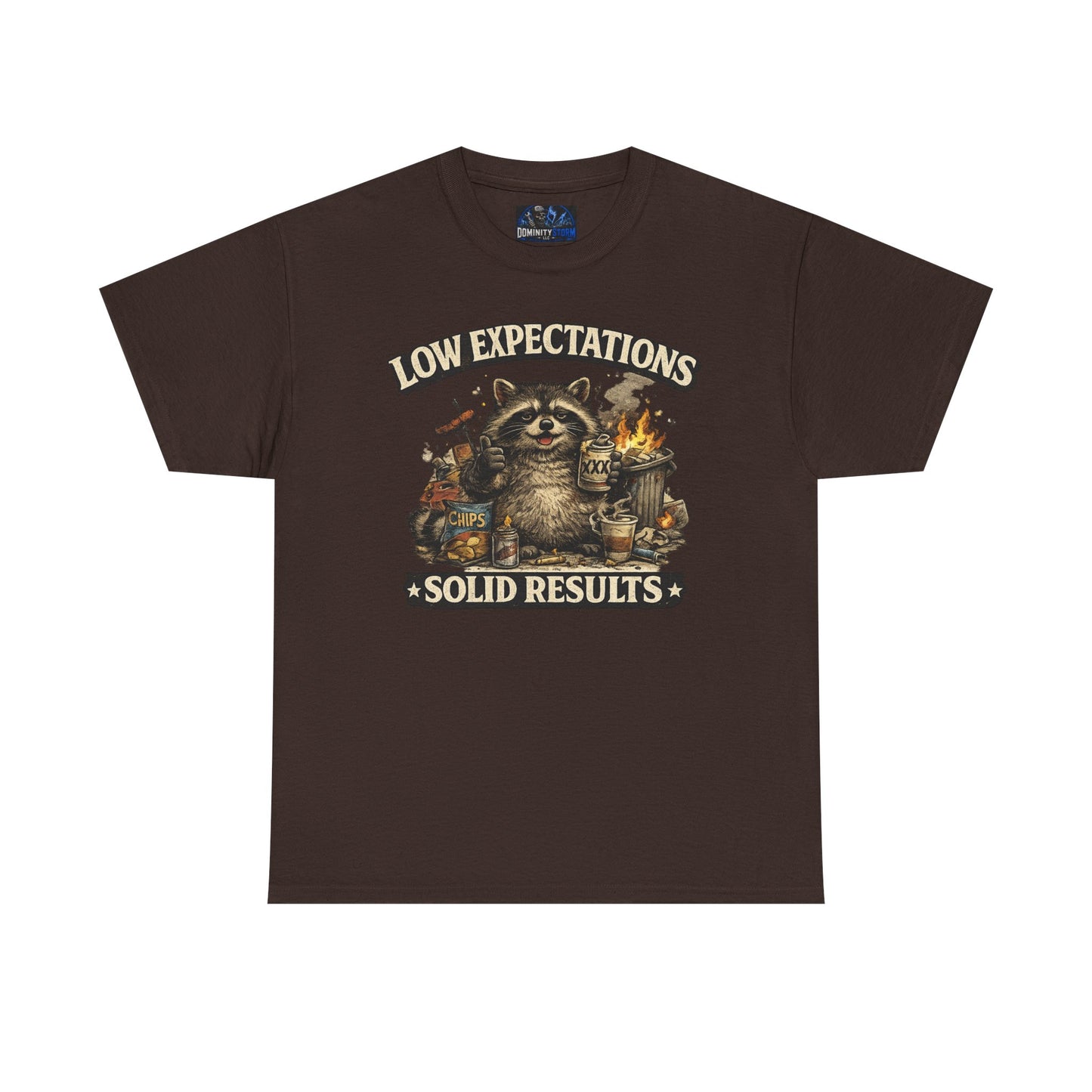 Low Expectations Solid Results T‑Shirt — Funny Raccoon Apocalypse Graphic Tee