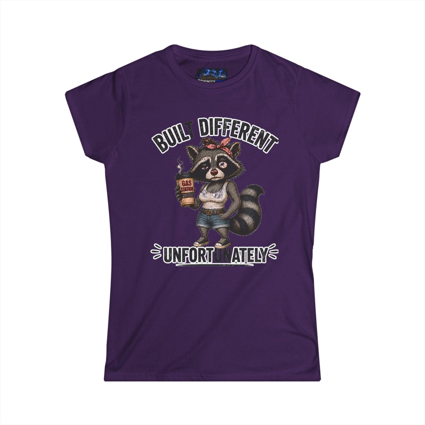 Graphic Women's Tee — 'Built Different Unfortunately' Cute Raccoon Shirt