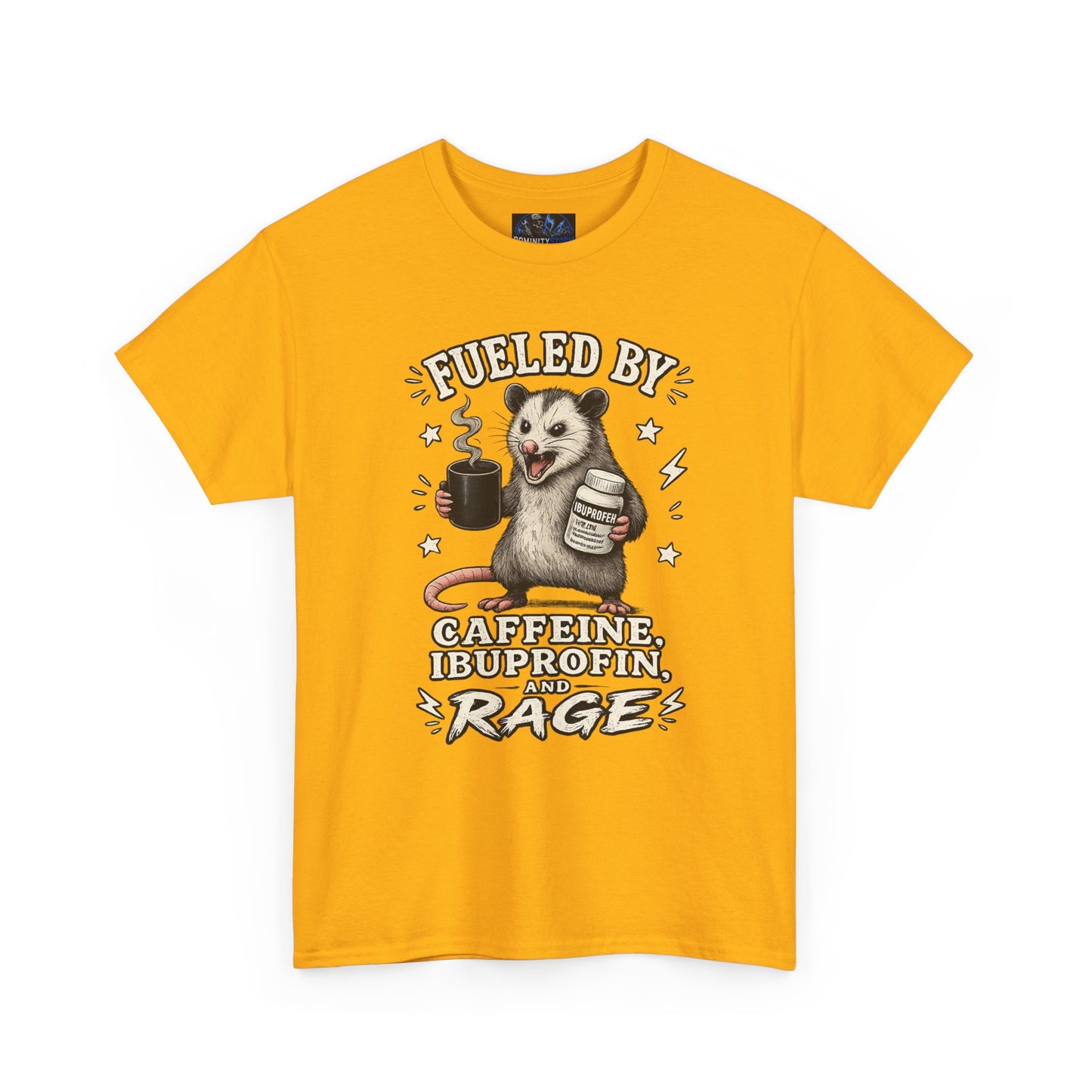 T-Shirt — Fueled by Caffeine, Ibuprofen & Rage Possum Coffee Humor Tee