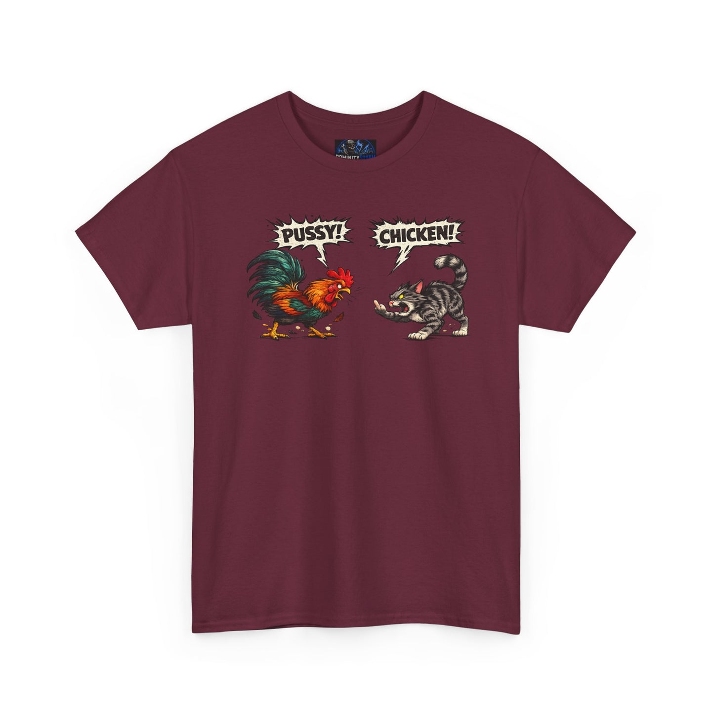 Rooster vs Cat Graphic Tee – "Pussy? Chicken?" Vintage Fight Cartoon T-Shirt