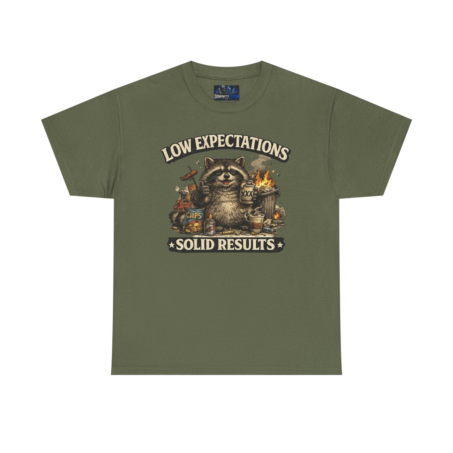 Low Expectations Solid Results T‑Shirt — Funny Raccoon Apocalypse Graphic Tee
