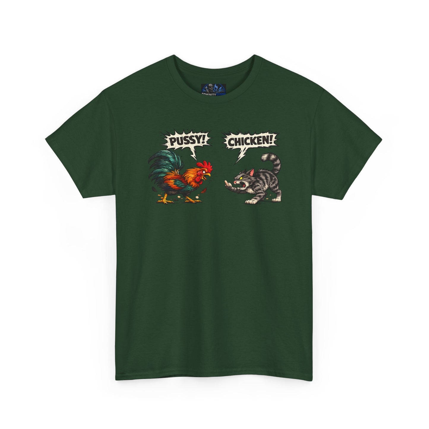 Rooster vs Cat Graphic Tee – "Pussy? Chicken?" Vintage Fight Cartoon T-Shirt
