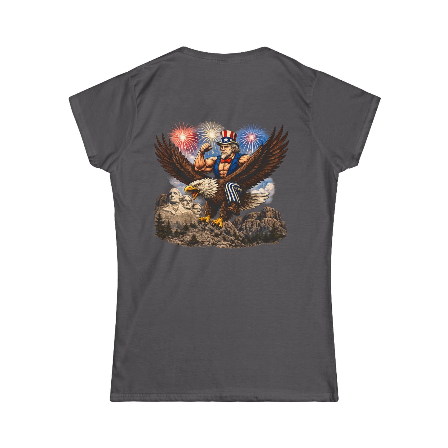 Graphic Women's Tee — Patriotic Uncle Sam Riding Bald Eagle with Fireworks