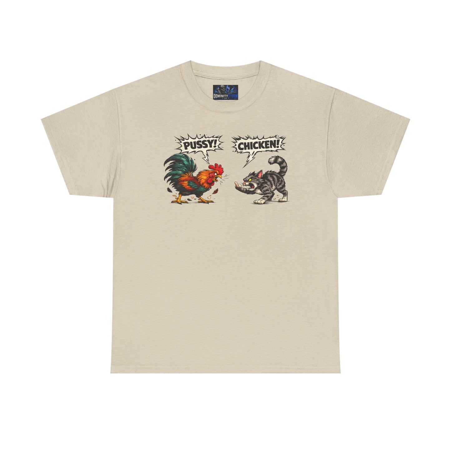 Rooster vs Cat Graphic Tee – "Pussy? Chicken?" Vintage Fight Cartoon T-Shirt